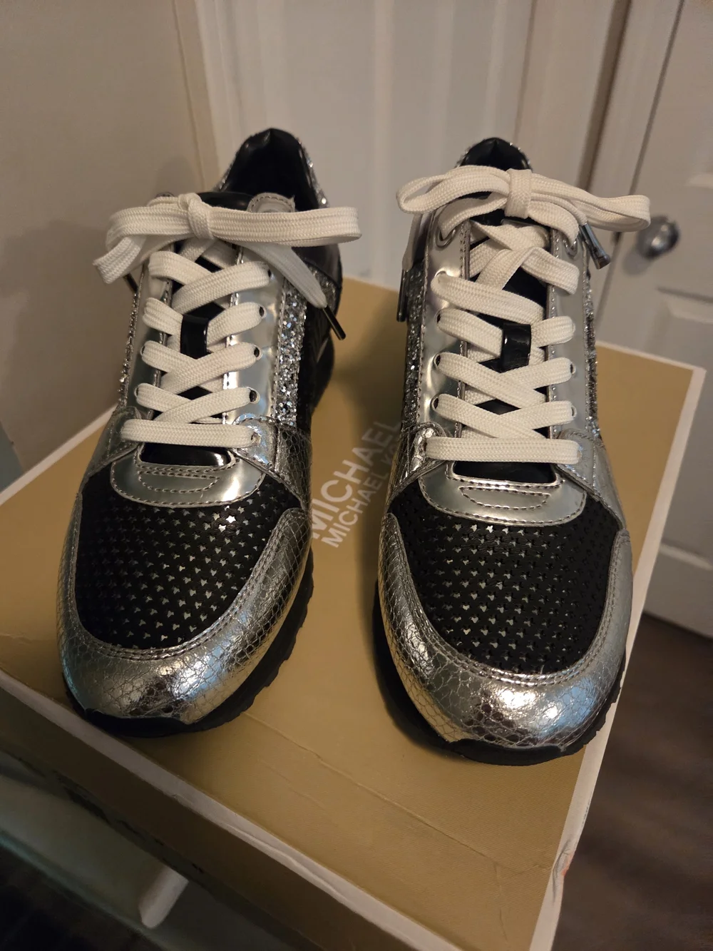 Michael Kors Silver and Black Women's Lace-Up Sneakers
